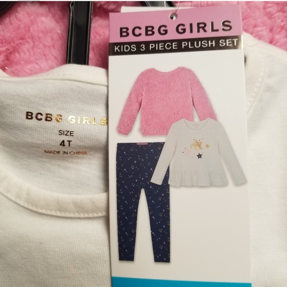 BCBG Girls 3-Piece Plush Set, Pink Sweater, Cream Tunic & Blue Leggings, - Picture 2 of 8